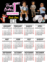 White Maximalist First Birthday Calender Design  A3 template