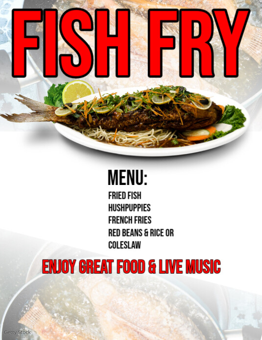 White Maximalist Fish Fry Flyer (us Letter) Template | PosterMyWall