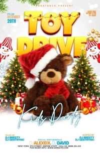 White Maximalist Free Editable Christmas Toy Drive Party Flyer, Half Page Wide Media Página Ancho template