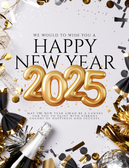 White Maximalist Gray And Black Illustrative Happy New Year Flyer Flyer (us Letter) template