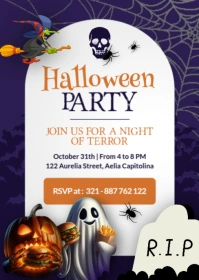 White Maximalist Halloween Themed Party Invite A6 template