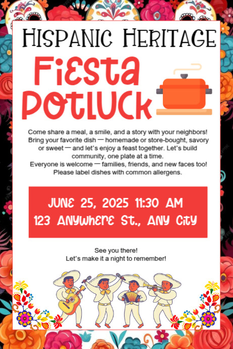 White Maximalist Hispanic Heritage Potluck Fiesta Poster Template ...
