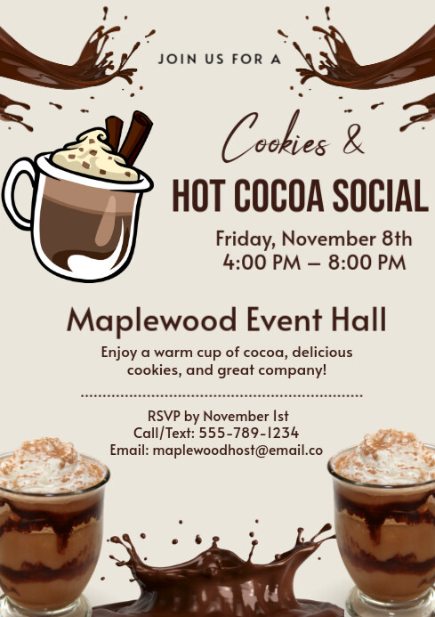 White Maximalist Hot Cocoa Bar Flyer Template, Hot Cocoa Party Invitation,  Hot Cocoa , Cookies & Ho A4