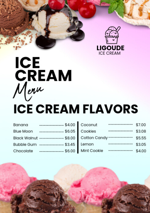 White Maximalist Ice  Cream Menu A4 template