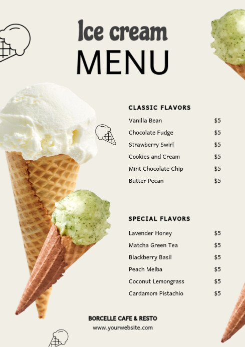 White Maximalist Ice Cream Menu Ads  A4 template