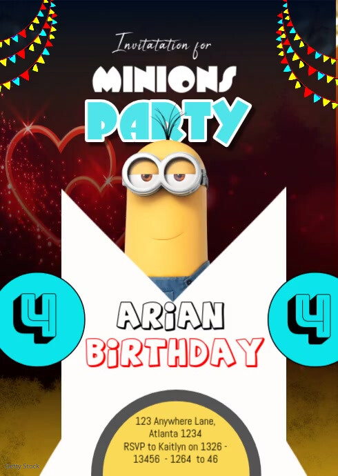 White Maximalist Invitations For Minions Party A6 template