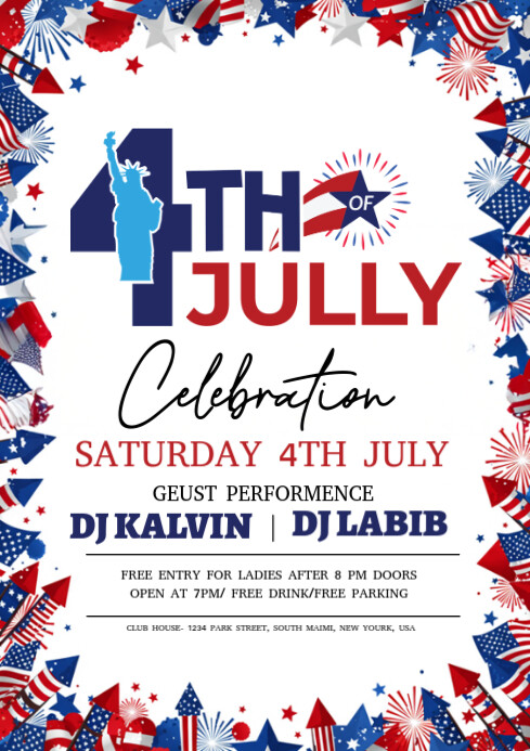 White Maximalist  July 4th Party Invitation A4 template