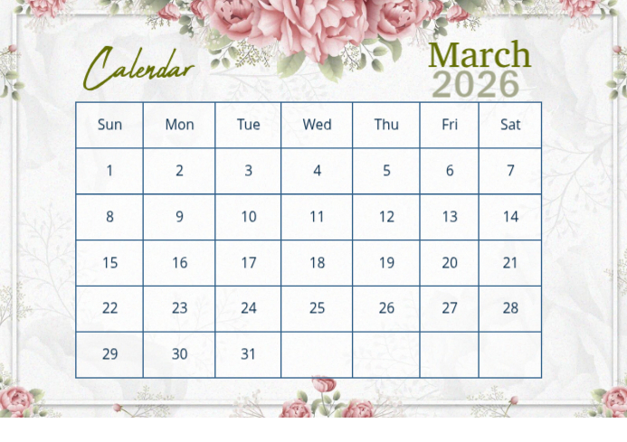Plantilla de White Maximalist March 2026 Calendar A4 | PosterMyWall