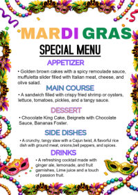White Maximalist Mardi Gras Special Menu / Mardi Gras Menu Design A3 template