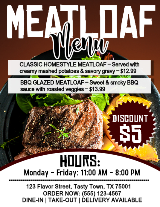 White Maximalist Meatloaf Menu Flyer Flyer (us Letter) Template ...
