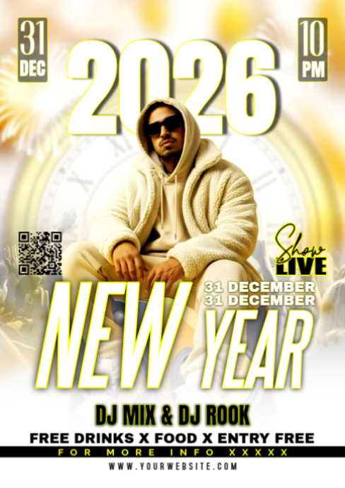 White Maximalist New Year Night Party 2026 A6 Template | PosterMyWall