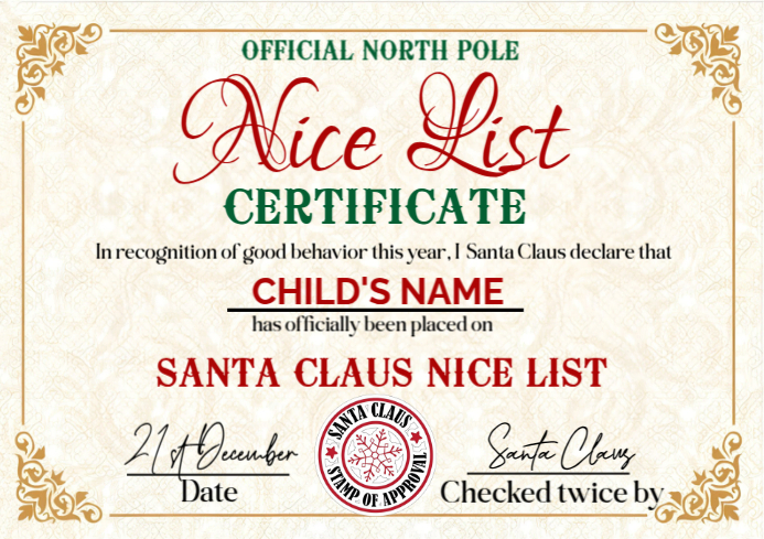 White Maximalist Nice List Certificate  A4 template