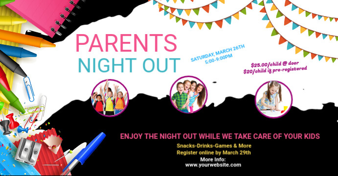 White Maximalist Parents Night Out  Facebook Event Cover template