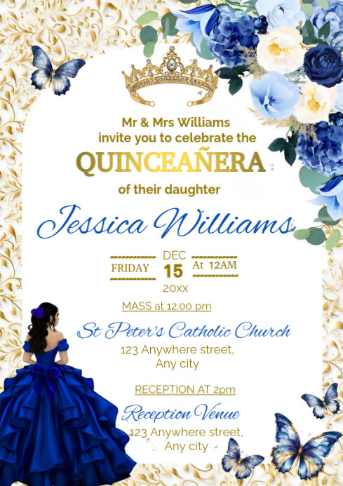 White Maximalist Quinceañera Invitation A4 template
