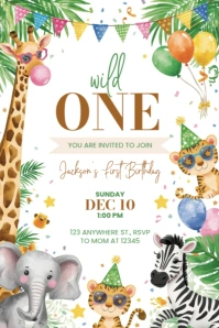 White Maximalist Safari Birthday Invitation Poster template