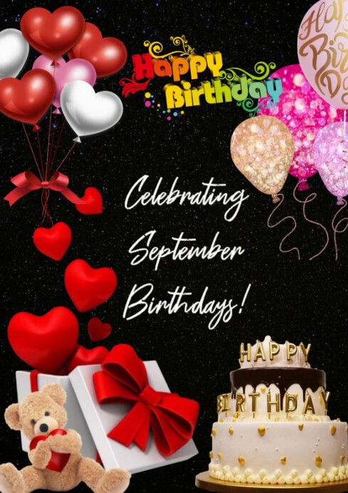 White Maximalist September Birthday A4 Template | PosterMyWall