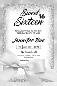 White Maximalist Silver Glittery Sweet Sixteen Birthday Invitation  Poster Póster template