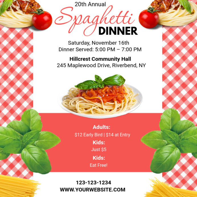 White Maximalist Spaghetti Dinner Instagram Post Template | PosterMyWall