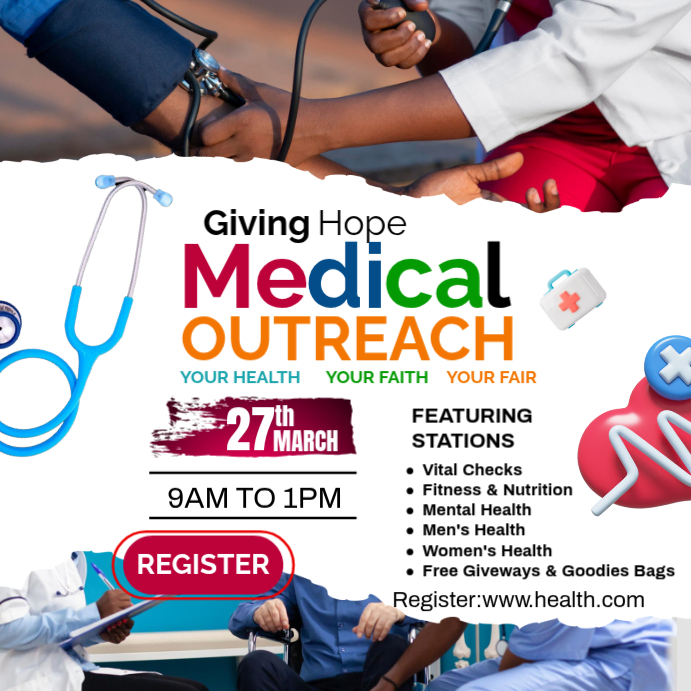 White medical outreach event instagram post Template | PosterMyWall