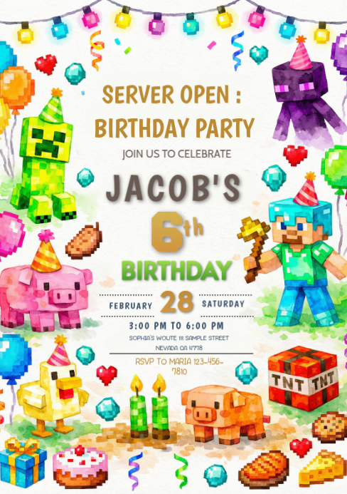 White Minecraft Birthday Party A5 Template | PosterMyWall