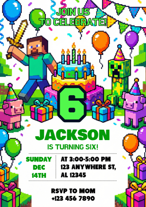 White Minecraft-themed Birthday Party A4 Template | PosterMyWall