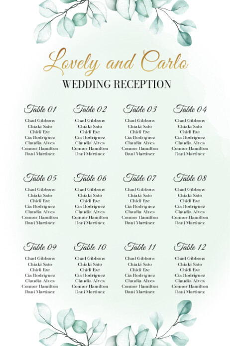 White Minimal Eucalyptus Wedding Seating Chart Poster template