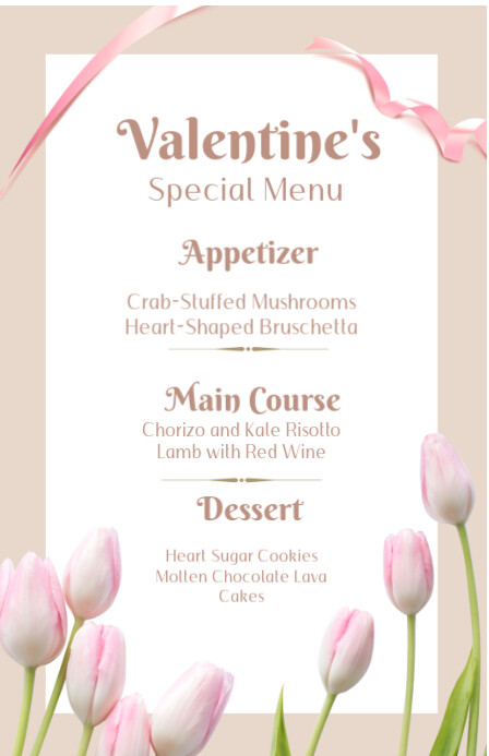 White Modern & Minimal Beige Elegant Valentine's Menu  Tabloid Tablóide template