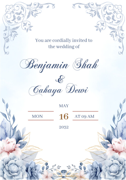 Copy of White Modern & Minimal Blue And Floral Wedding Invitation A5 ...