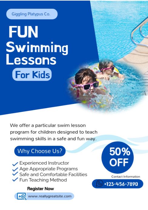 White Modern & Minimal Blue And White Modern Swimming Lessons Flyer A4 template