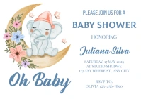 White Modern & Minimal Blue Gold Sleeping Elephant On The Moon Baby Shower Card A6 template