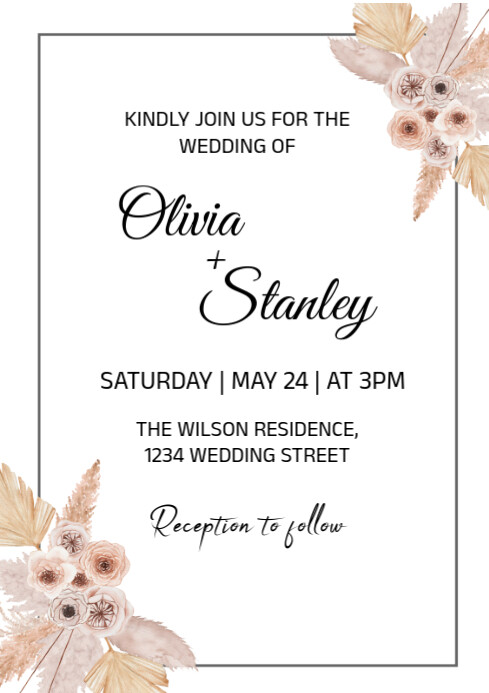 White Modern & Minimal Boho Wedding Invitation Template A4 | PosterMyWall
