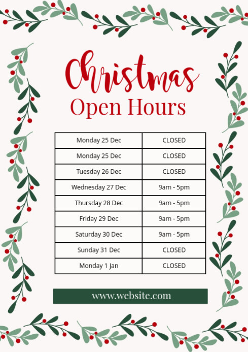 White Modern & Minimal Christmas Open Hours A4 template
