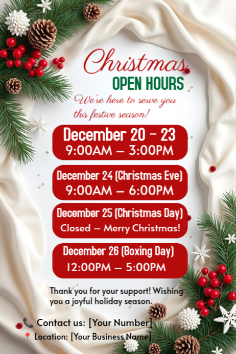 White Modern & Minimal Christmas Open Hours Poster Template | PosterMyWall
