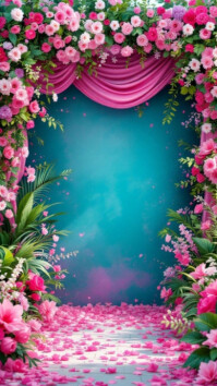 White Modern & Minimal Elegant Floral Wedding Backdrop | Pink Flower Arch Decoration | Romantic Even Digital Display (9:16) template