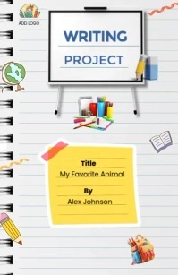 White Modern & Minimal Elementary Project Cover With Cute School Elements Tabloid template