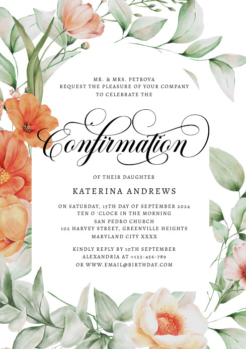 Confirmation Layout Design White Modern & Minimal Floral Confirmation In Template | PosterMyWall