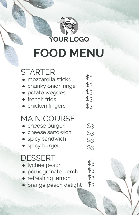 White Modern & Minimal Food Menu Tabloid Template | PosterMyWall