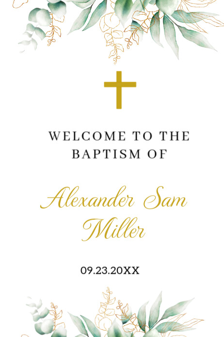 White Modern & Minimal Greenery and Gold Baptism, Christening Welcome Sign  Poster template