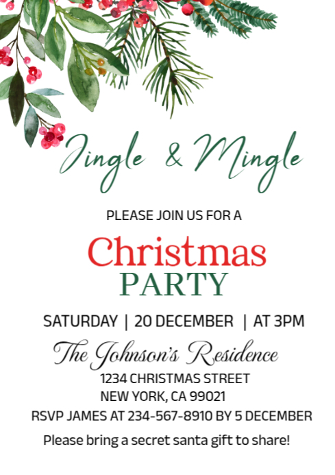White modern & minimal greenery jingle and mingle christmas invitation ...
