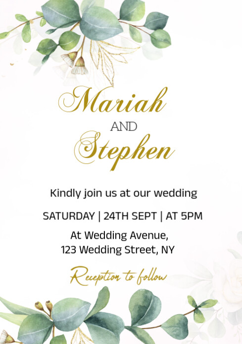 White Modern & Minimal Greenery Wedding Invitation Template A4 ...