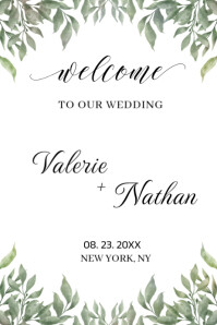 White Modern & Minimal Greenery Wedding Welcome Sign  Poster template
