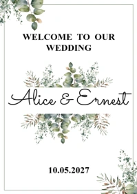 White Modern & Minimal Greenery Wedding Welcome Sign Template A1