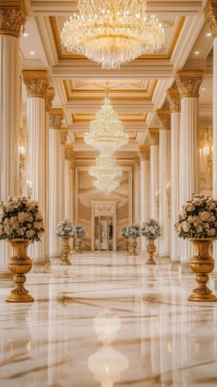 White Modern & Minimal Luxurious Palace Hall With Chandeliers Background Digital Display (9:16) template