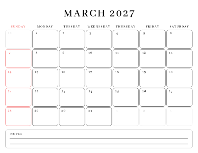 White Modern & Minimal March 2026 Calendar(us Letter) Template ...