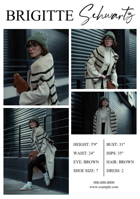 White Modern & Minimal Model Comp Card A5 template