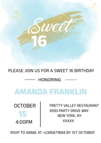 White Modern & Minimal Modern Watercolor Blue Sweet 16 birthday invitation A5 template
