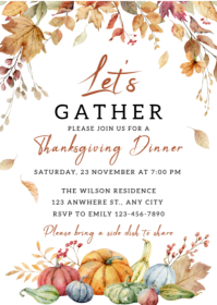 White Modern & Minimal Orange And Brown Floral Thanksgiving Invitation A6 template