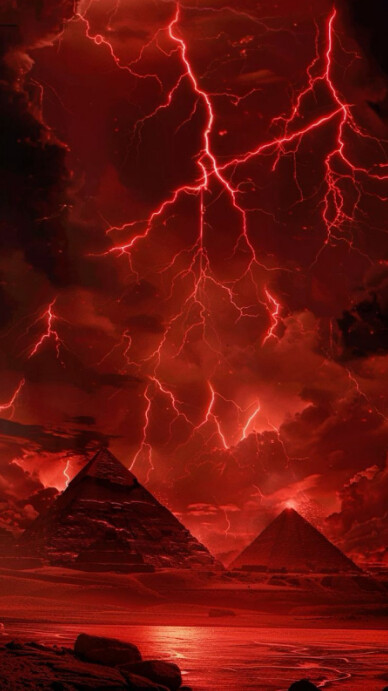 White Modern & Minimal Red Lightning Storm Over Pyramids | Dramatic Fantasy Sky Background Digital D template