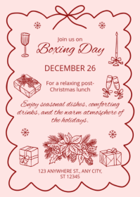 White Modern & Minimal Red On Pink Illustrated Boxing Day Invitation A6 template