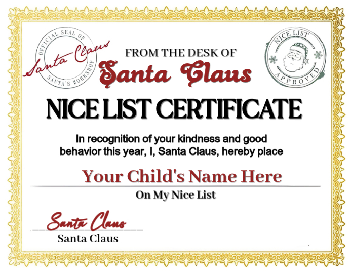 Santa's Nice List Certificate Template | PosterMyWall